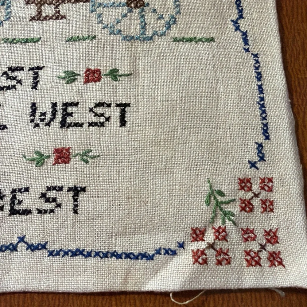 Vtg  1950 Completed Cross Stitch Travel East West After All Home is Best 12 X 9
